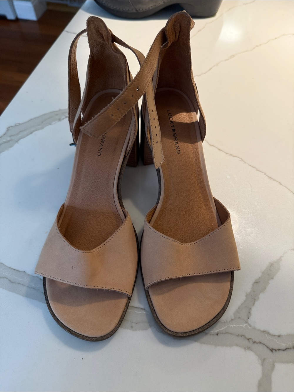 Lucky Brand Nude Tan Suede Block Heel Sandals